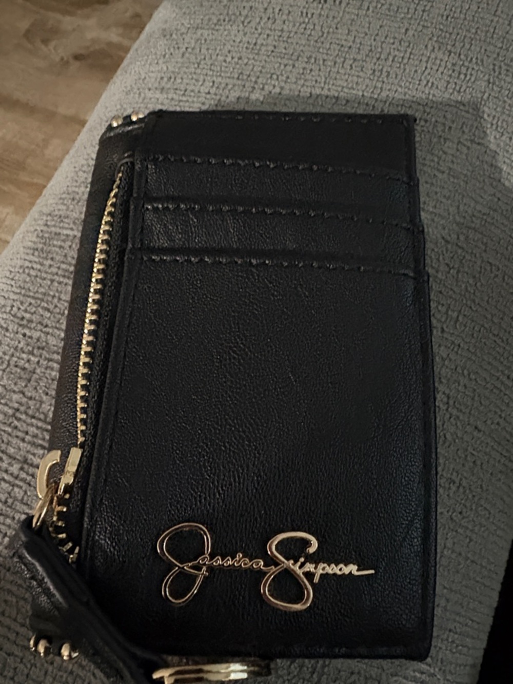 Jessica Simpson Black Leather Cardholder Wallet with Gold Logo